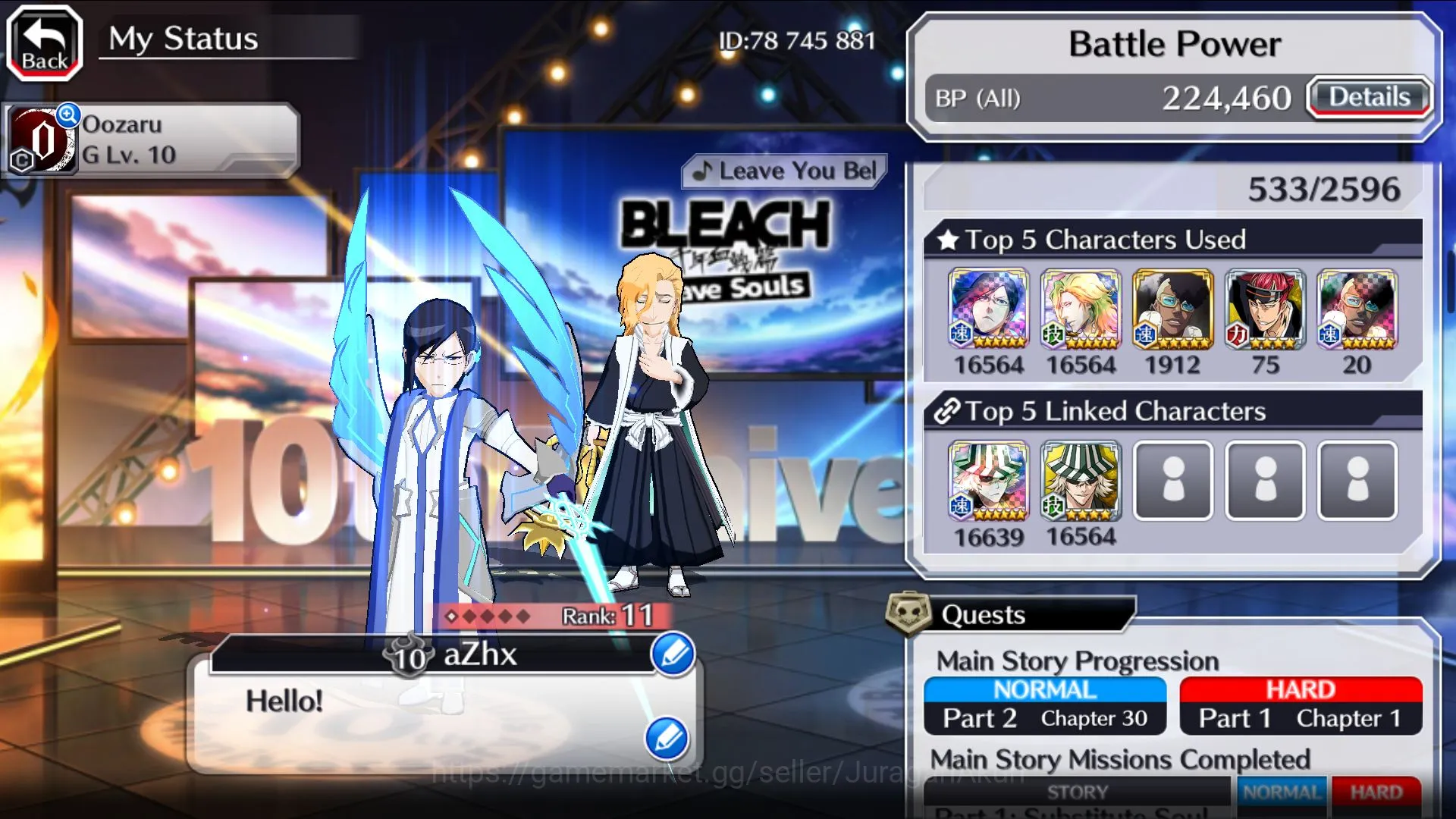 Bleach: Brave Souls Accounts Mid-Tier [GLOBAL]6k Orbs+6 Char 5/5(Uruyu,Renji,Robert,Ichigo,Byakuya,Bambietta)|Full lvl 2
