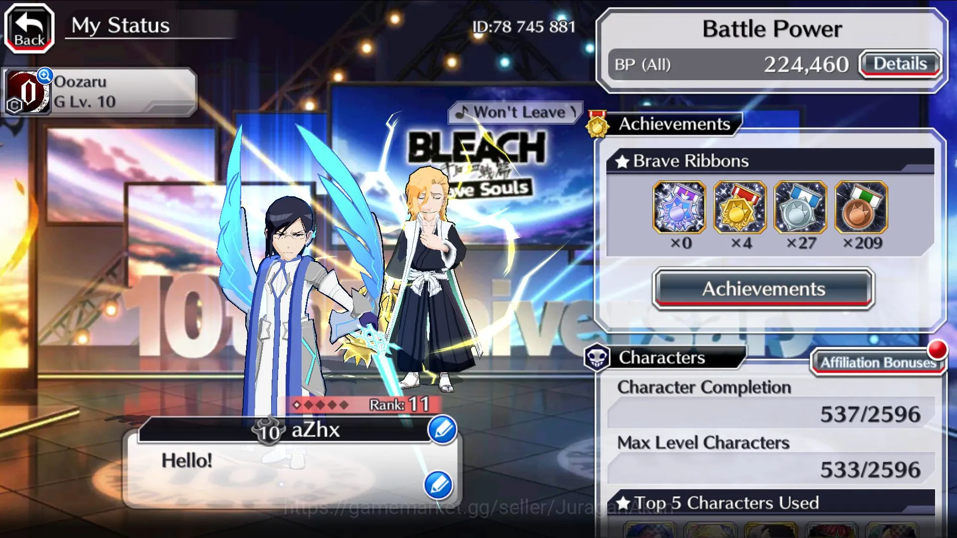 Bleach: Brave Souls Accounts Mid-Tier [GLOBAL]6k Orbs+6 Char 5/5(Uruyu,Renji,Robert,Ichigo,Byakuya,Bambietta)|Full lvl 4