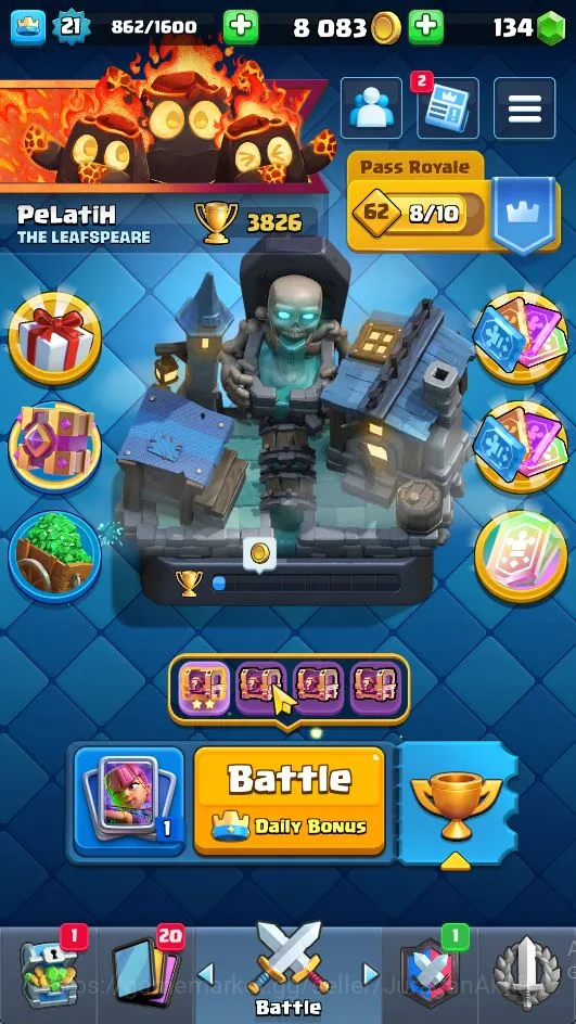 Lvl 21|Trophy 3826|KTL 10|Limited Skin Emot|Card 63|2 EVO,2 Legend,9 Epic,24 Rare,24 Common|TakeEmail(CR1078) Clash Royale Accounts Midgame Lvl 21|Trophy 3826|KTL 10|Limited Skin Emot|Card 63|2 EVO,2 Legend,9 Epic,24 Rare,24