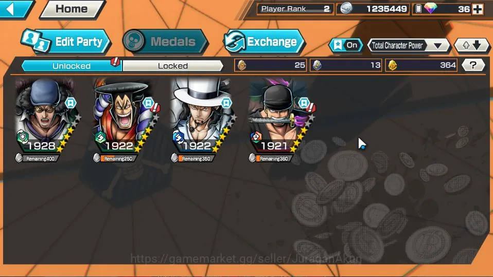 One Piece Bounty Rush Accounts Starter Global| Starter | Low Progress | 4 META EX | Roronoa Zoro, Rob Lucci,Kozuki Oden 5