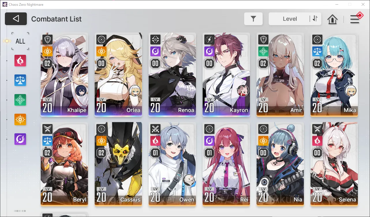 Chaos Zero Nightmare Accounts GLOBAL Lv20| 4 SSR (KhalipeM2,Orlea,Renoa,Kayron) + 9 SR (CassiusM2,BerylM2,etc) + 12 SR 5
