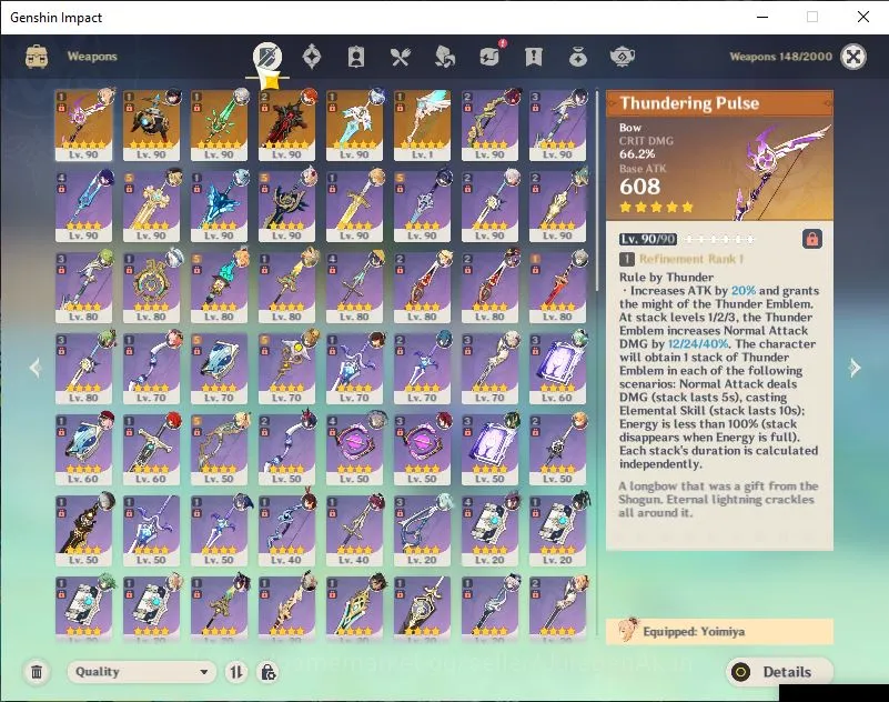 Genshin Impact Accounts End Game ASIA|AR 59|19 Limited+6 [5*Weapon]|Raiden C1,Yelan C1,Mavuika,Clorinde,Furina,Arlecchino 4
