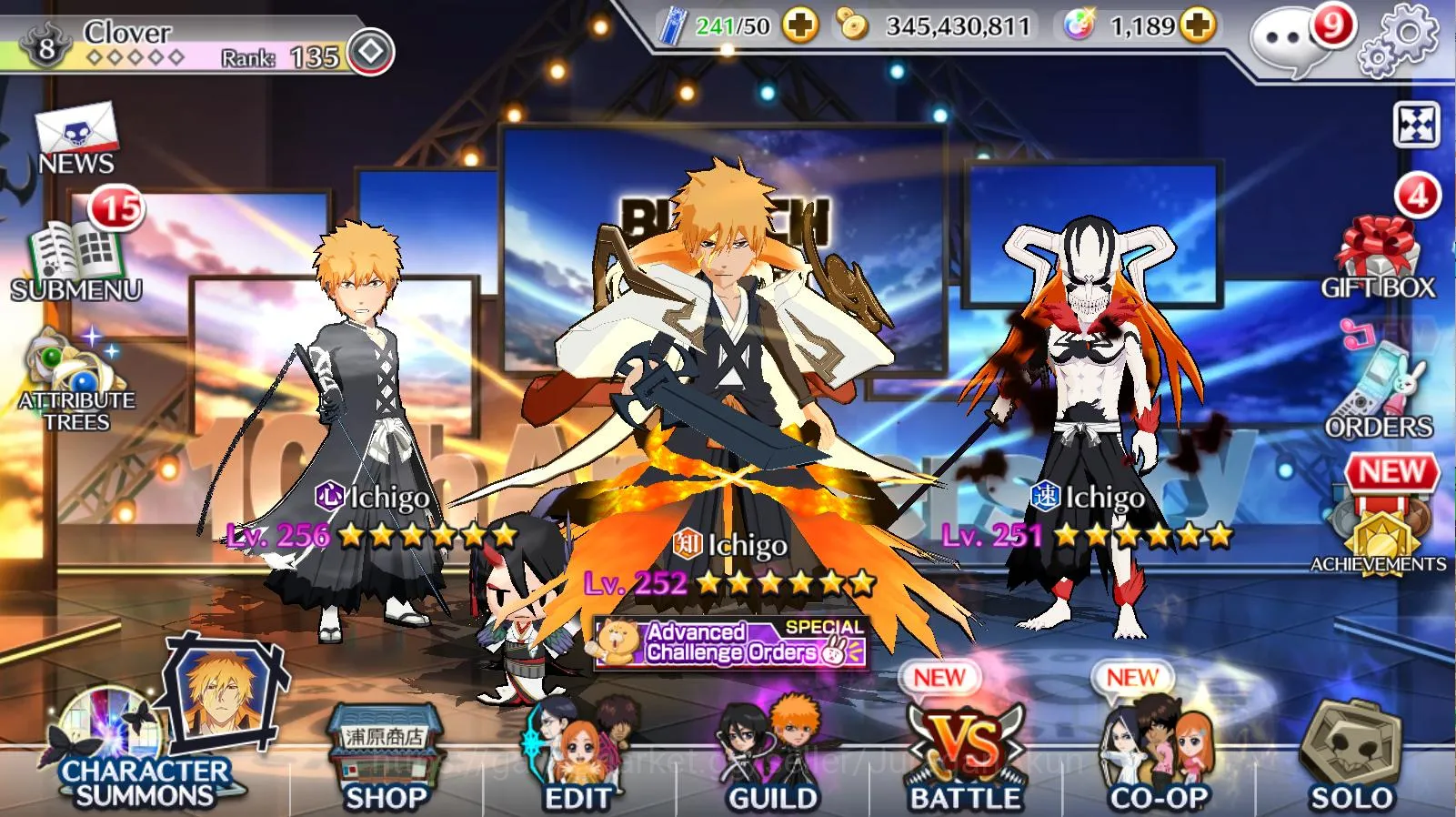 Bleach: Brave Souls Accounts High-End [GLOBAL] 12 MT Char (Ichigo [10th & 9th Anniv.CrescentVeil,TYBW25], 10th Anniv Rukia 2