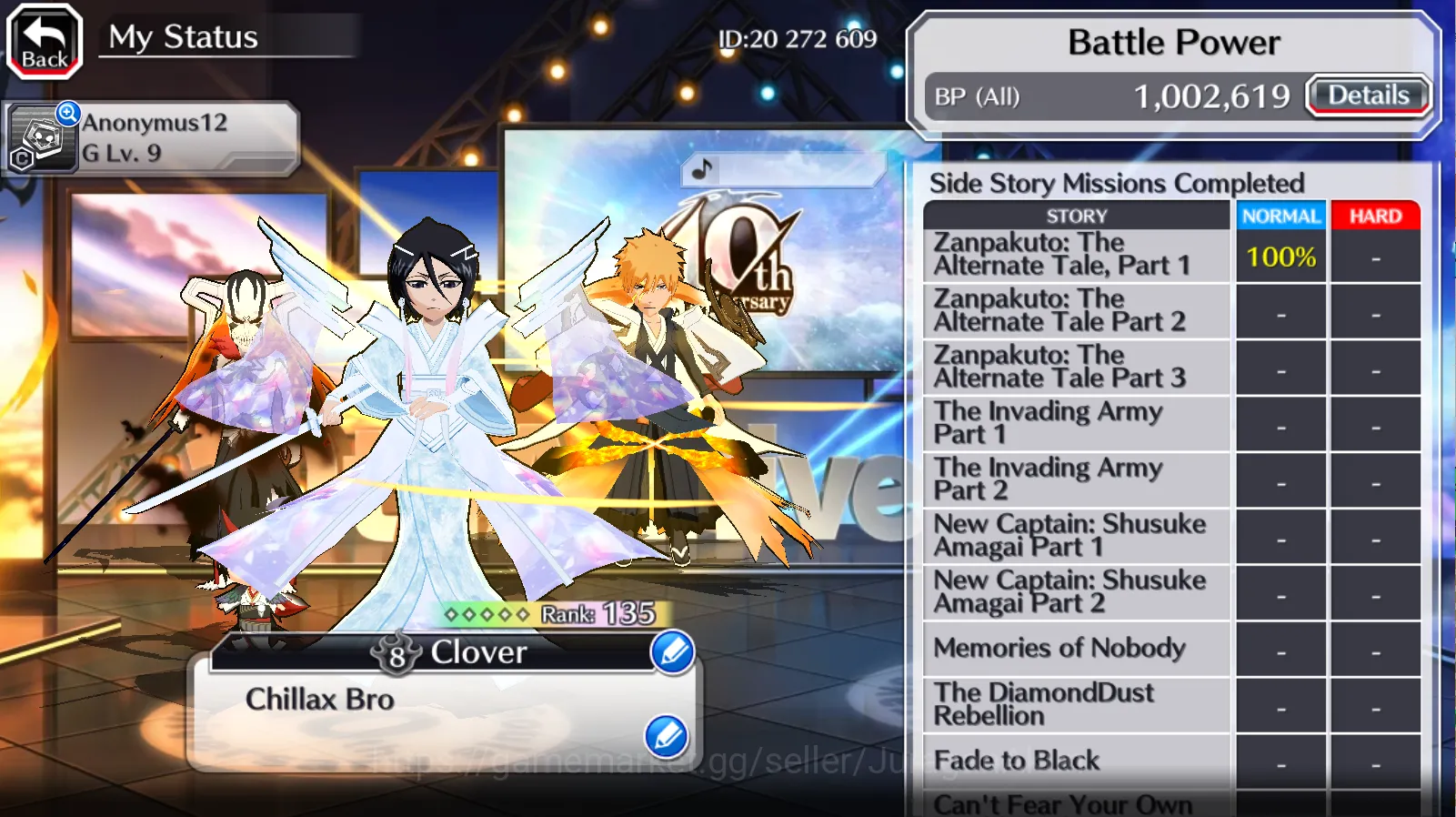 Bleach: Brave Souls Accounts High-End [GLOBAL] 12 MT Char (Ichigo [10th & 9th Anniv.CrescentVeil,TYBW25], 10th Anniv Rukia 5