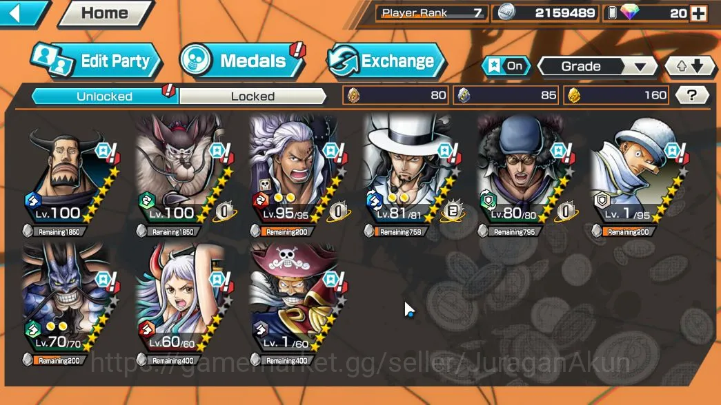 One Piece Bounty Rush Accounts Mid-Tier Global|5 META EX[Onigashima Kaido,Gol D.Roger,Yamato,Rob Lucci,Kuzan]|Rank 7|Log 3