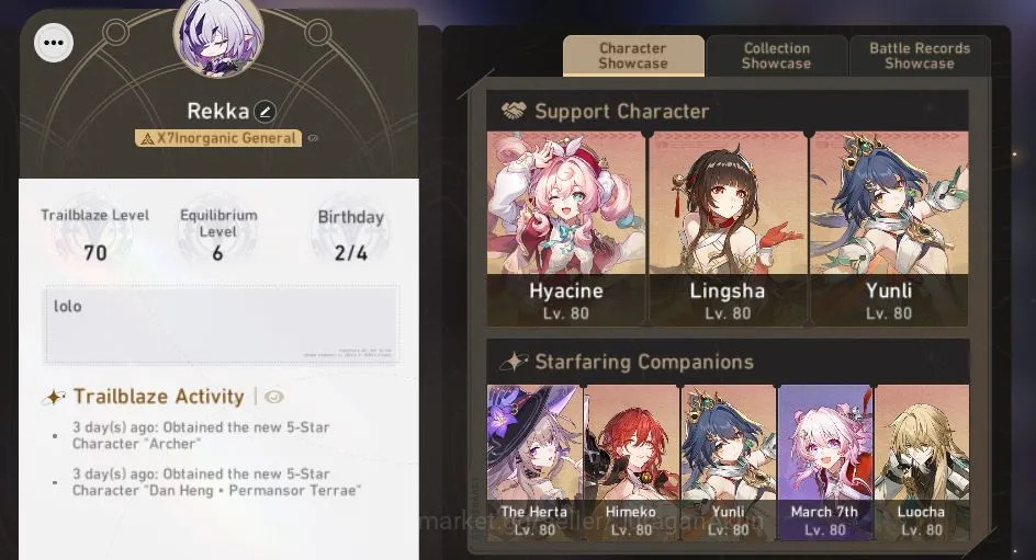 Honkai Star Rail Accounts Mid Game ASIA|TL70| 9 Limited |[Castorice+Sign,Hyacine+Sign,Yunli+Sign,The 4