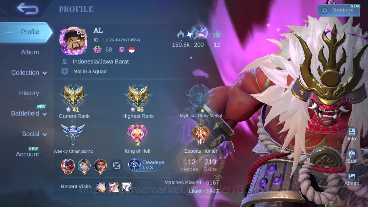 Hero 112 | Skin 210 | Legend Franco | Prime Claude | Luckybox Selena | Sparkle Melissa | Collector Natalia | Lighborn Fanny ML749B Mobile Legends: Bang Bang Others Hero 112 | Skin 210 | Legend Franco | Prime Claude image 1