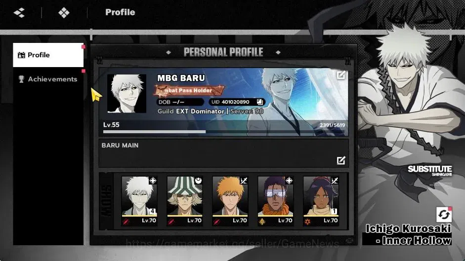 BLEACH: Soul Resonance Accounts NuverseSEA|LV 55|7 SSR [(Ichigo Inner Hollow B4,Ic image 1