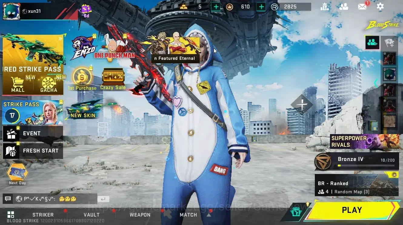 Blood Strike Accounts Collab Skin ASIA|ETERNAL Uzi-Scorpius Lv3|Collab OPM Saitama Parachute,Enzo Emote|ULTRA 1