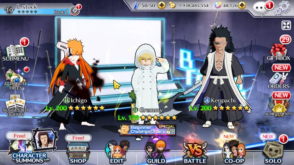 Bleach: Brave Souls Accounts High-End [GLOBAL]48K Orbs|Gremmy 9Th Anniv, Kenpachi 9Th Anniv,2
