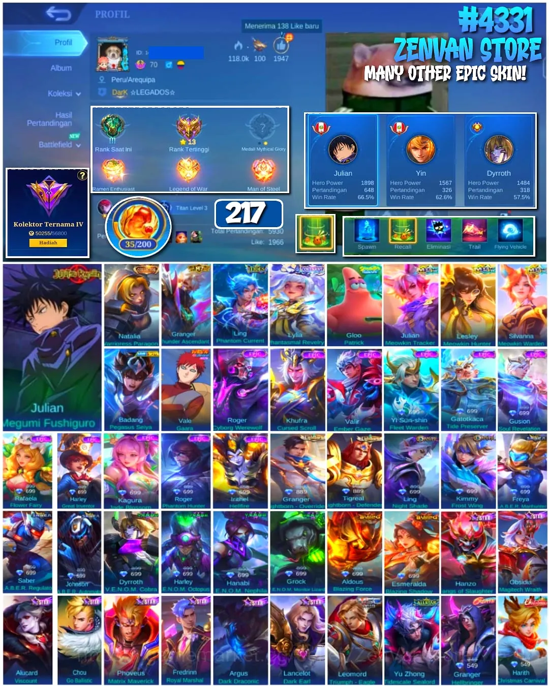 Mobile Legends: Bang Bang Accounts #4331 217 Skins | Julian Megumi Fushiguro (JUJUTSU KAISEN) | Badang Pegasus Seiya (SAINT 1