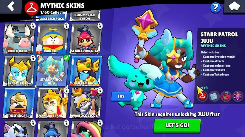 Brawl Stars Accounts 1012 Trophy|15 Brawler 4 Max Lvl [Lily,Edgar,Bo,Shelly]|1Myth Skins [Starr Patrol Juju] 1Epic [Amazing 6