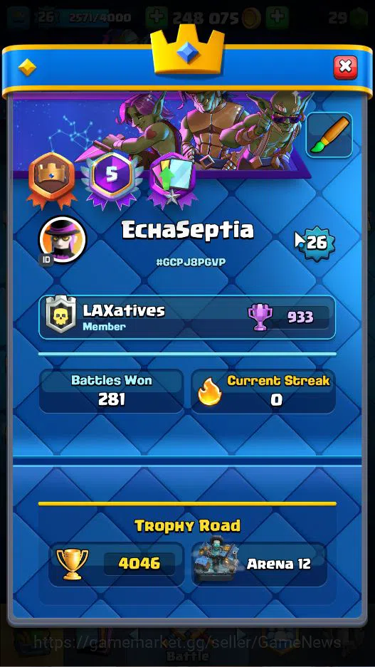 Clash Royale Accounts Lv 26|Trophy 4046|KTL 10|Limited Skin|Card 79|1 HE image 2