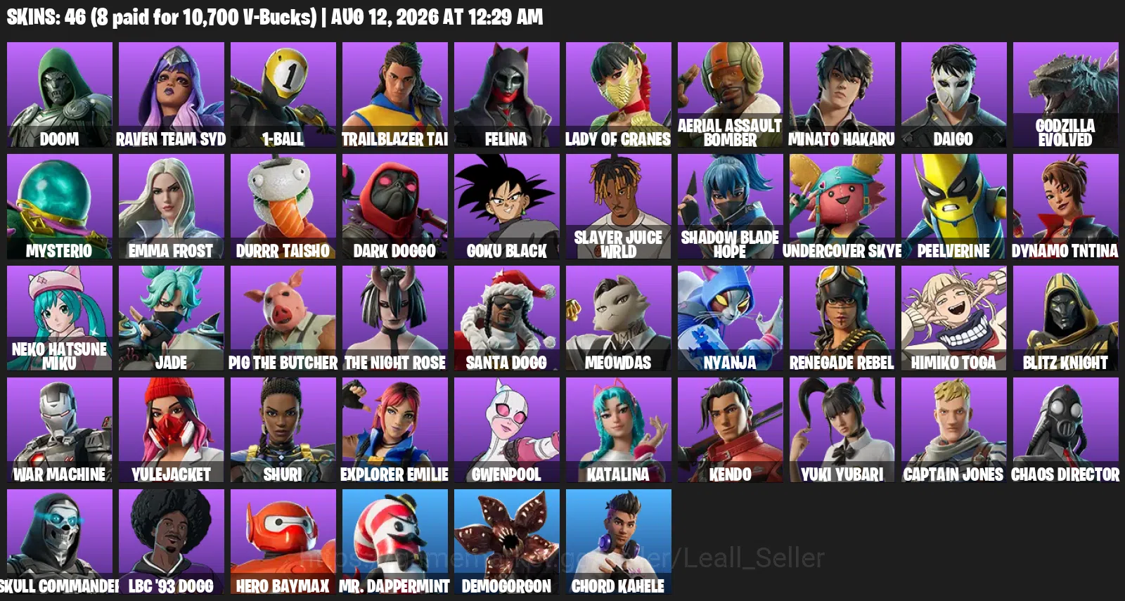 Fortnite Accounts 46 Skins | 88 Pickaxes | 52 Emotes | 46 Gliders | Level 759 | All Platforms | Goku Black, Demogorgon 1