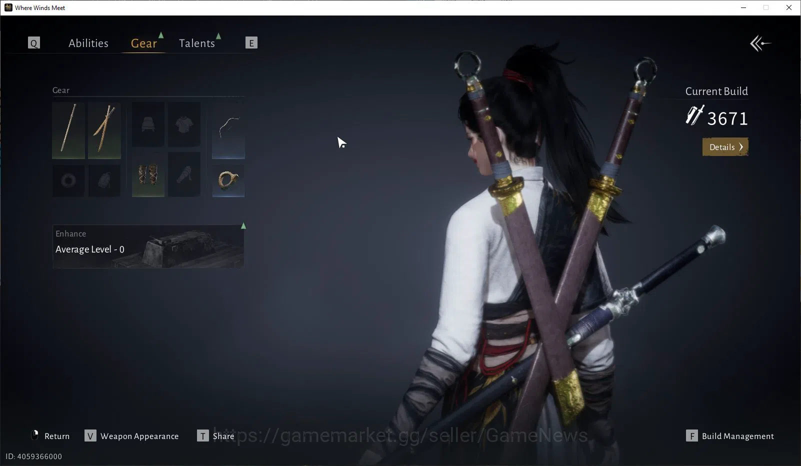 Where Winds Meet Accounts GLOBAL|Lv 5|Starter|GS 3671|1 Harmonic Core|Nameless Sword + Infernal Twinblades |Low 7