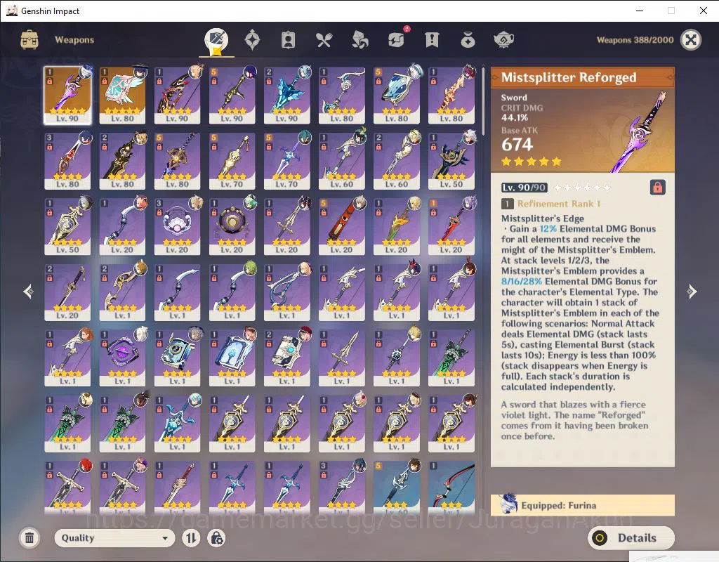 Genshin Impact Accounts End Game ASIA| AR 56|10 Limited +2(*5Weapon)|Furina +Sign,Clorinde,Zhongli,Yoimiya,Shogun,Etc |MC 4