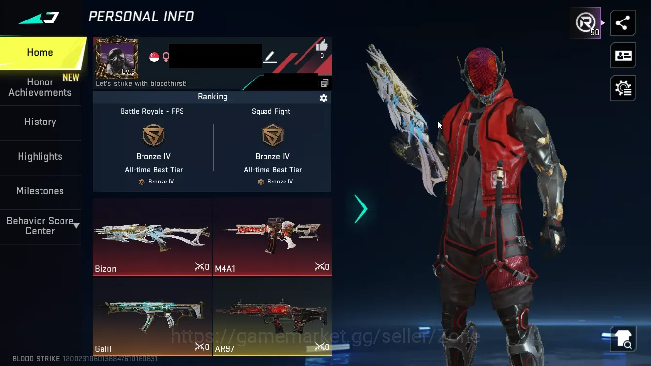 Blood Strike Accounts Starter ASIA|starter|1 eternal:Bizon-Seraph|1 collab:M4A1-BOF|1 ultra:Galil|2 1