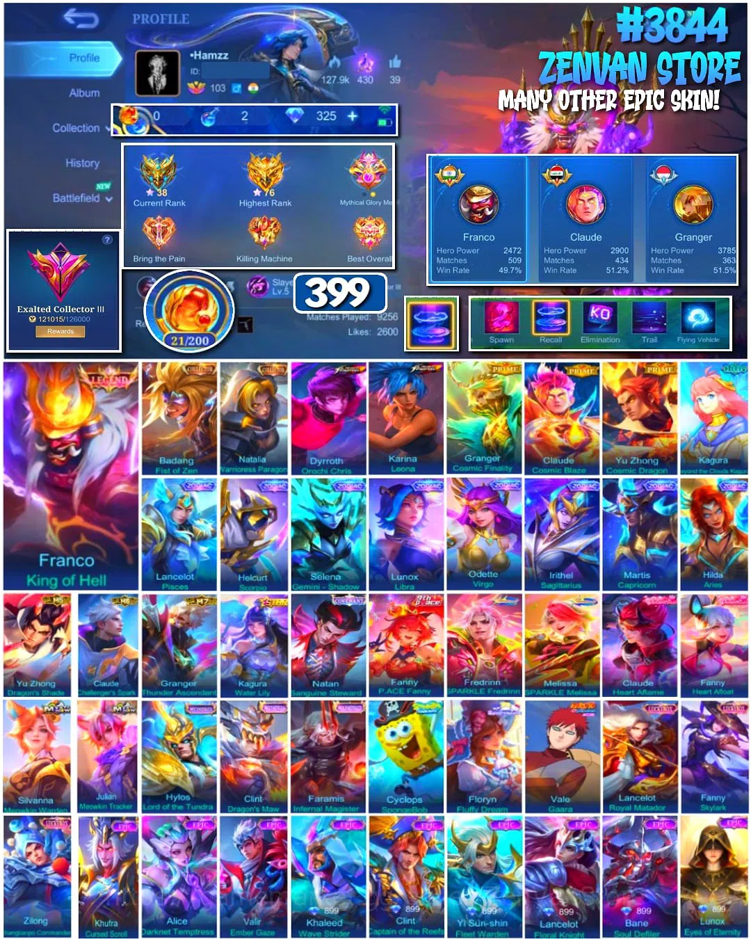 Mobile Legends: Bang Bang Accounts Collector #3844 399 Skins | Legend Franco | Collector Badang & Natalia | KoF Dyroth 1