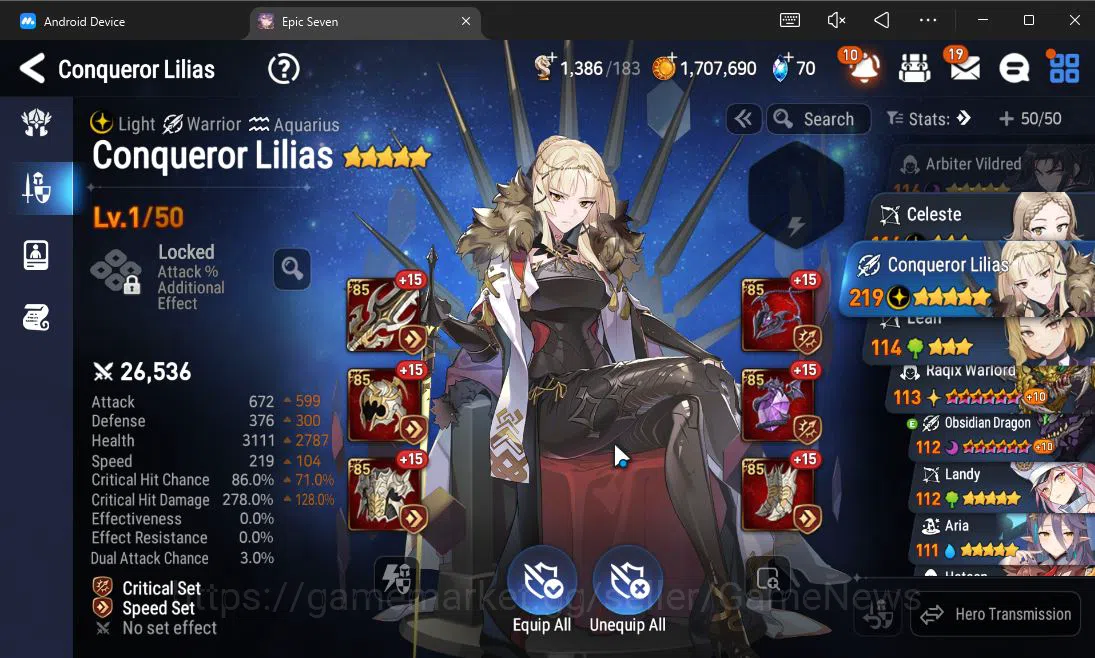 Epic Seven Accounts Starter GLOBAL UnVerif|Starter|1 ML (Conqueror Lilias)+Landy,Tenebria,Aria,Fenne,Etc|Poh ON|1,3K 19