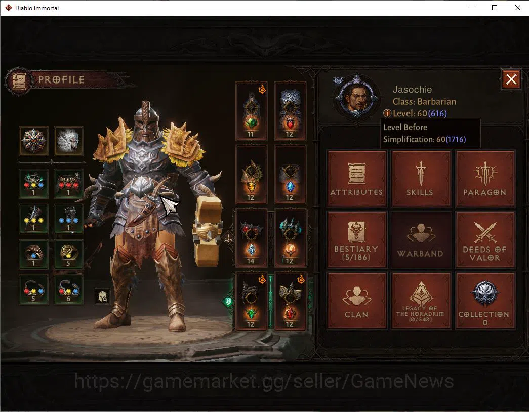 Diablo Immortal Accounts Mid-Tier NA - Chain of Honor|Change Server On|Lv60(616)|Barbarian |34k CR|Reso 480|Paragon 2