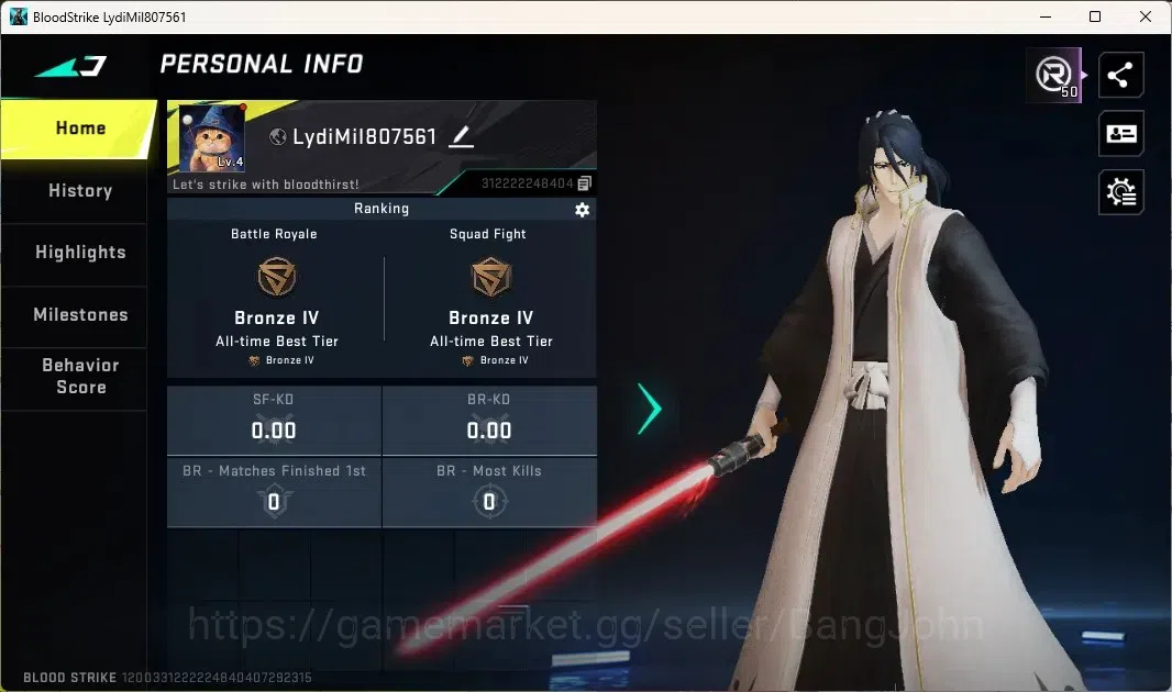 Blood Strike Accounts Others ASIA | 1 Ultra Melee:Lightblade-Dark Force| 1 BLEACH Striker|8 Legendary Gun|1 Name Changing 1