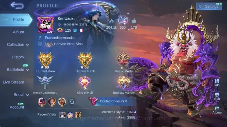 Mobile Legends: Bang Bang Accounts Global|Skin 356|Exalted|Legend Franco|Collector Na image 20
