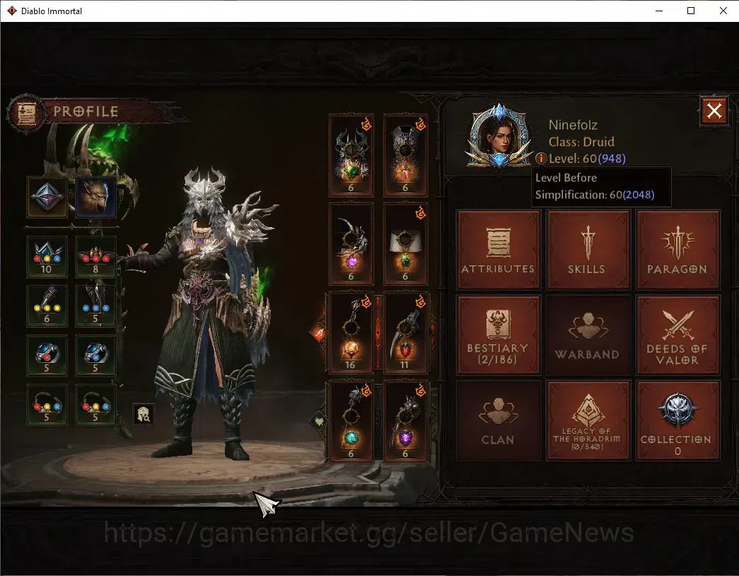 Diablo Immortal Accounts High-End SEA - Verathiel|CS ON|Lv60(948)|Druid|CR 45.1K|Reso 360|Paragon Vanquisher|Inferno 3