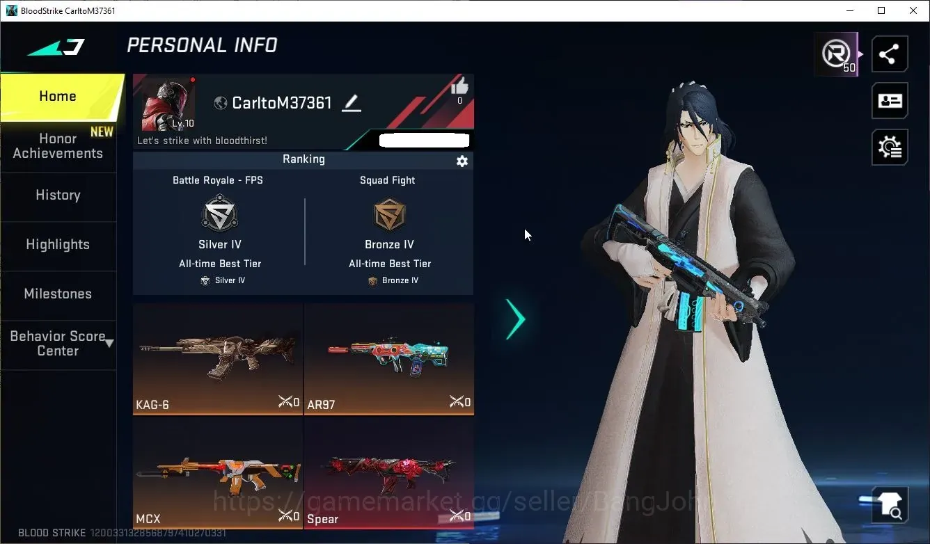Blood Strike Accounts Collab Skin ASIA|3 COLLAB GUNS:AOT KAG-6,EVA MCX,OPM SKS|1 Limit|2 Ultra Gun|Katana Ronin|1 Name 1