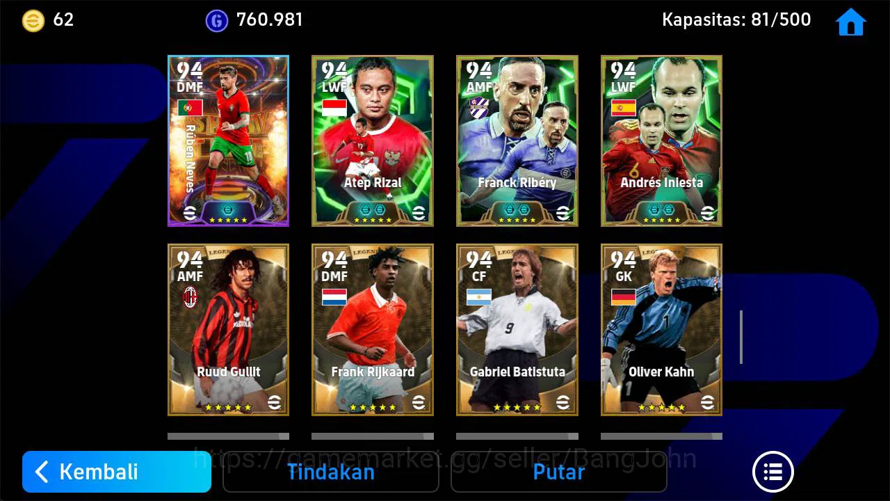 eFootball Accounts Others Power 3223|old acc Batistuta epic, Neymar brazil, rooney epic, forlan epic, thuram epic, rui costa 11