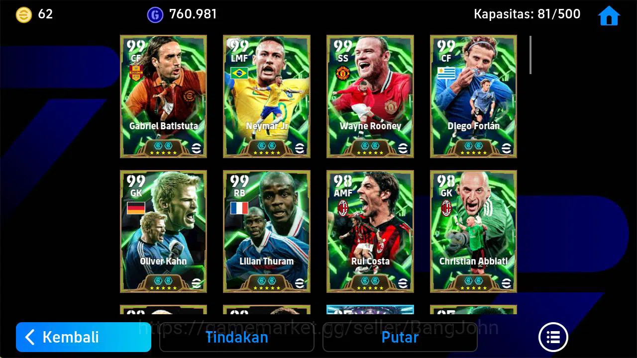 eFootball Accounts Others Power 3223|old acc Batistuta epic, Neymar brazil, rooney epic, forlan epic, thuram epic, rui costa 4