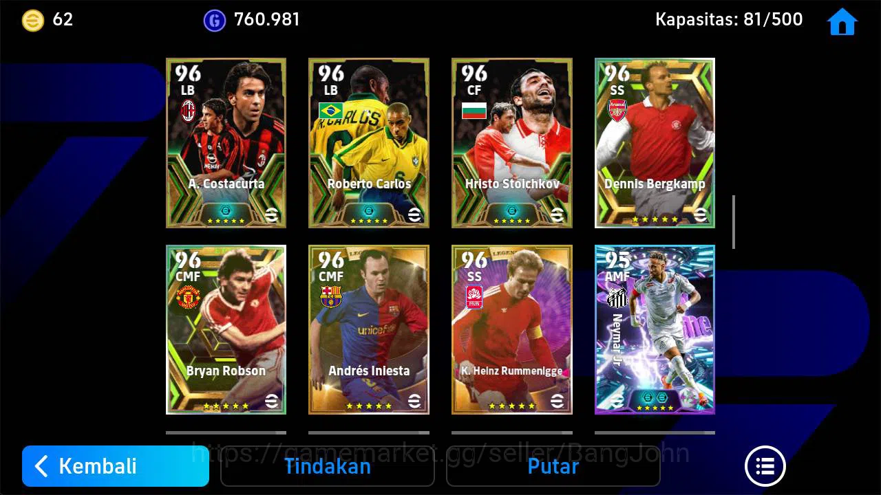 eFootball Accounts Others Power 3223|old acc Batistuta epic, Neymar brazil, rooney epic, forlan epic, thuram epic, rui costa 8