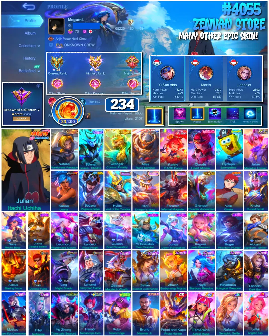 Mobile Legends: Bang Bang Accounts 🔥 #4055 🔥 234 Skins 💎 Julian Itachi Uchiha 👑 Vale Gaara ⚔️ KOF Karina Leona ⭐ Fanny 1
