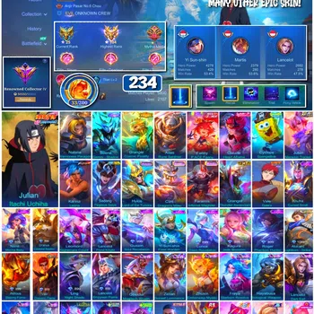 Mobile Legends: Bang Bang Accounts 🔥 #4055 🔥 234 Skins 💎 Julian Itachi Uchiha 👑 Vale Gaara ⚔️ KOF Karina Leona ⭐ Fanny