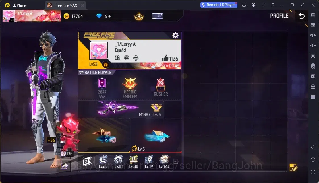 Free Fire Accounts Indonesia | Evo: M1887 Sterling Conqueror Lv.6, Tinju Drachen Lv.5 | M1887-Mamba Gnaw | Feathering 1