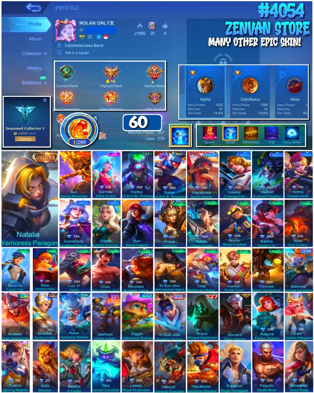 Mobile Legends: Bang Bang Accounts 🔥 #4054 🔥 60 Skins 💎 Collector Natalia 👑 Epic Carmilla Astral Arcana ⚔️ Fresh Account 1