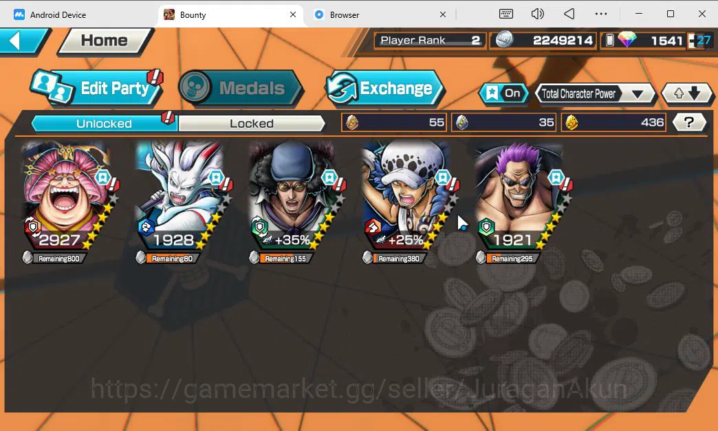 One Piece Bounty Rush Accounts Mid-Tier Global / Android| 5 EX META + 1,5K RD|Oniga Oiran,Okuchi Yamato,BP Kuzan,Trafalgar 4