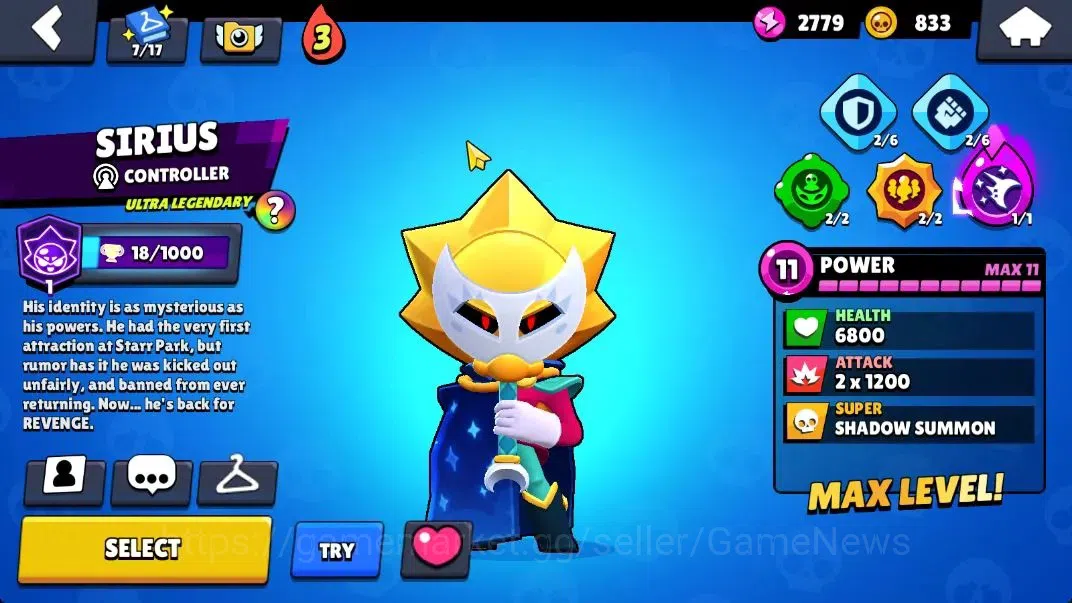 Brawl Stars Accounts 7520 Trophy|50 Brawlers 10 Max Lv 3 Full Buffies|UL Sirius|123 Skin|3 Legend Skin 4 Mythic 29 Epic|12K 10