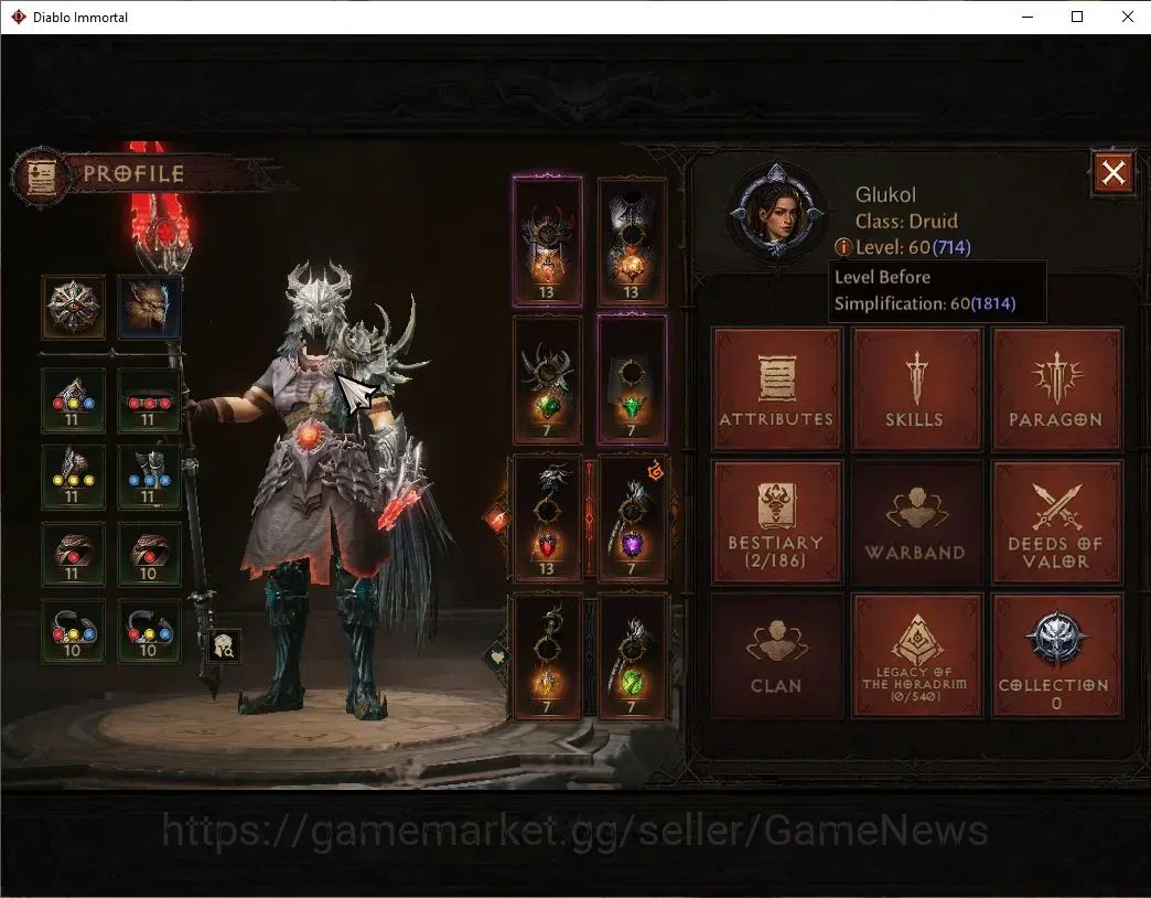 Diablo Immortal Accounts High-End SEA-Verathiel|CS ON|Lv60(714)|Druid|CR 40K|Reso 510|Paragon Vaniquisher|Inferno IV|Hell Lv 3