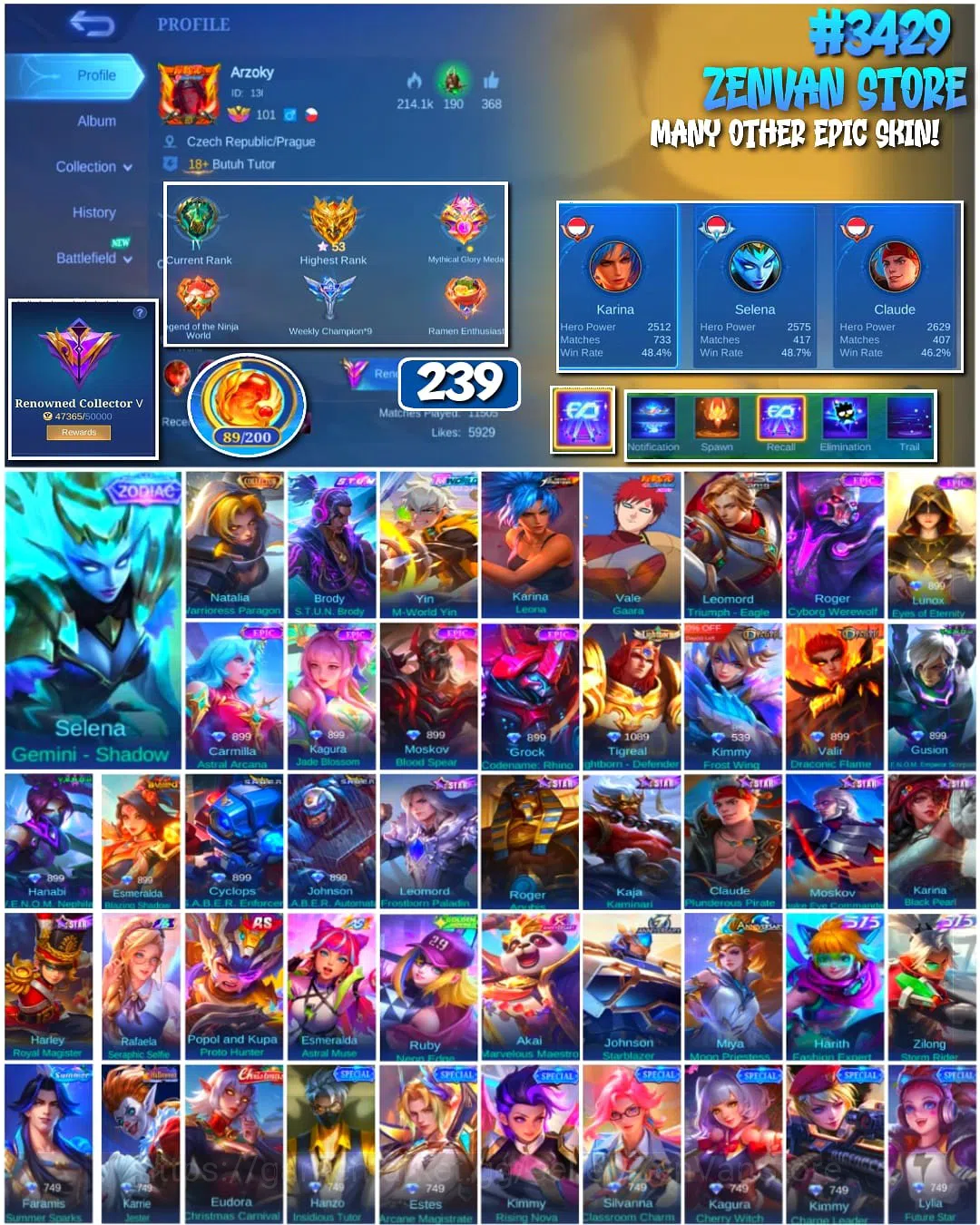 Mobile Legends: Bang Bang Accounts #3429 239 Skins | Collector Natalia | Stun Brody | image 1