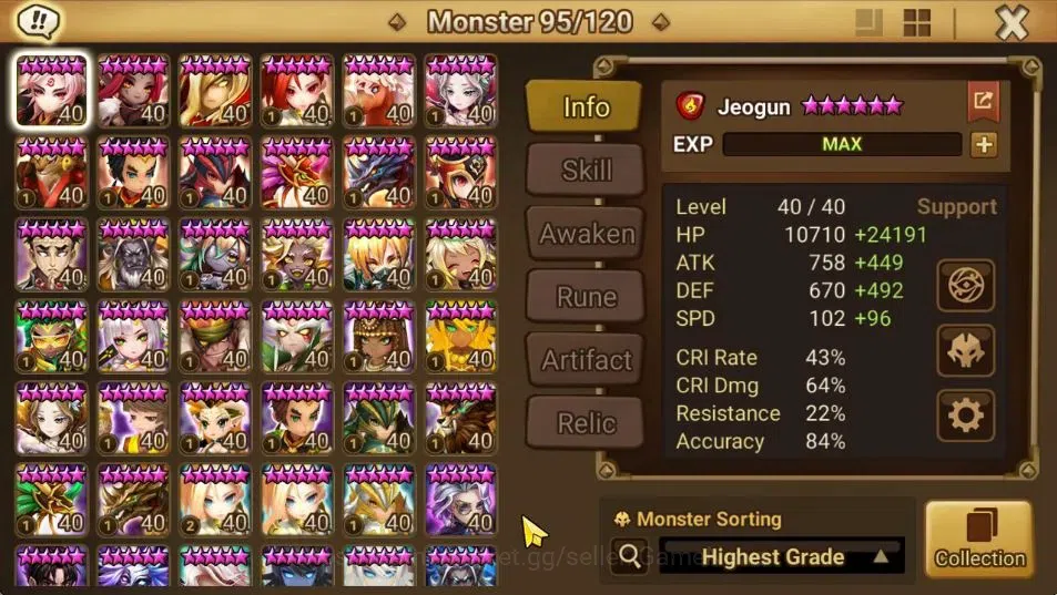 Summoners War: Sky Arena Accounts End-Game ASIA Lv 100|4 LD[Jager,Maximilian,Jin Sasha]|87 Total NB5[Leo,Haegang]+177 11