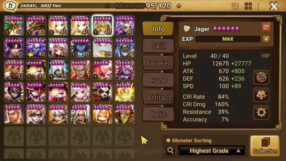 Summoners War: Sky Arena Accounts End-Game ASIA Lv 100|4 LD[Jager,Maximilian,Jin Sasha]|87 Total NB5[Leo,Haegang]+177 12