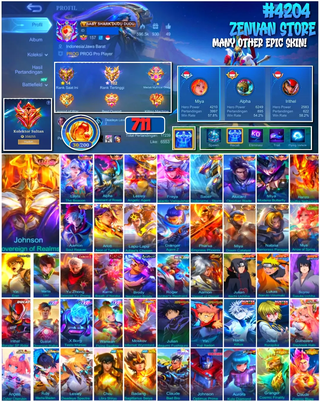 Mobile Legends: Bang Bang Accounts 🔥 #4204 🔥 💎 711 Skins 👑 Legend Johnson Sovereign of Realms ⚔️ Sultan Collector 1