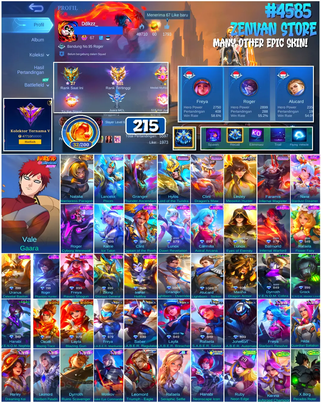 Mobile Legends: Bang Bang Accounts #4585 215 Skins | Vale Gaara (NARUTO) | Natalia Warrioress Paragon (COLLECTOR) | Balmond 1