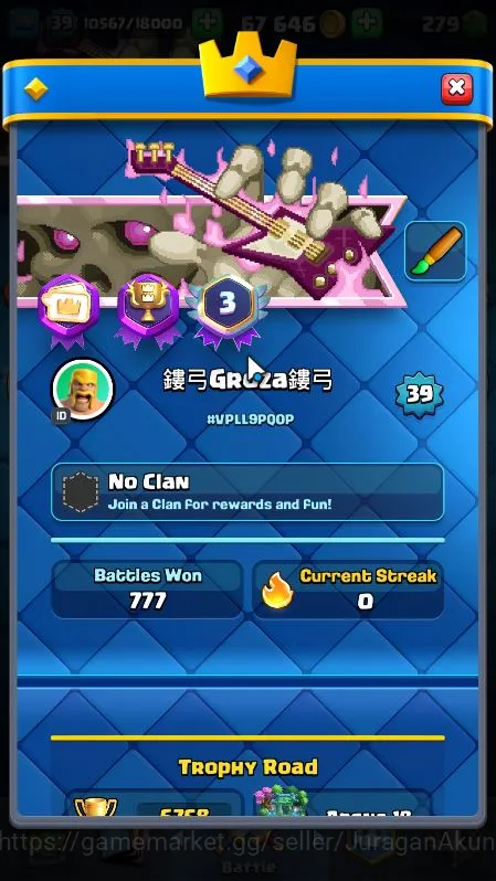 Clash Royale Accounts Midgame Lvl 39|Trophy 6758|KTL 13|Limited Skin|Card 116|1 Hero, 4 EVO, 3 Champ, 21 Legend, 33 Epic, 30 2
