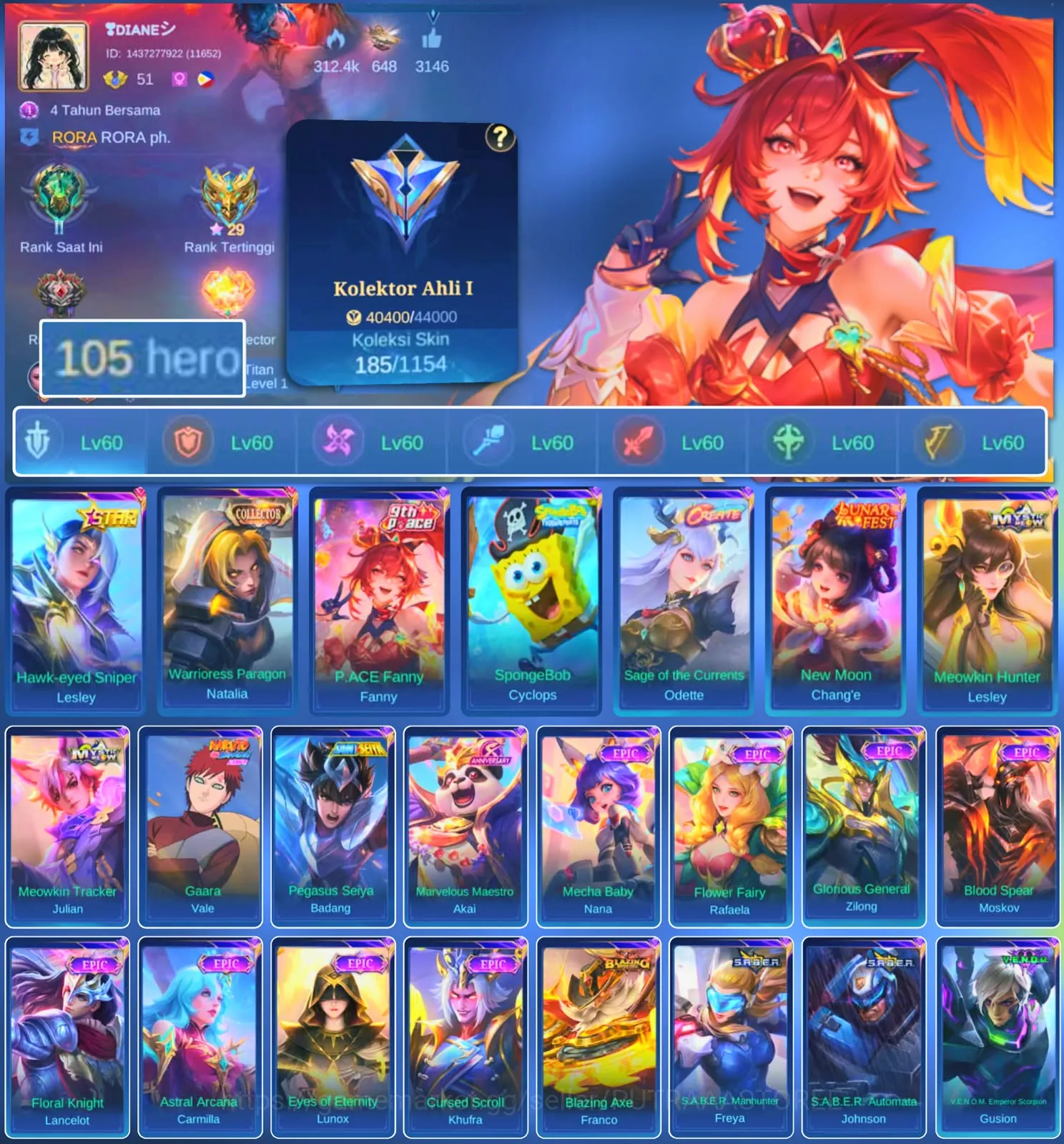 Mobile Legends: Bang Bang Accounts Rare Skin HERO 105 SKIN 185 | EMBLEM ALL MAX| STAR LESLEY| COLECTOR NATALIA| PACE FANNY 1