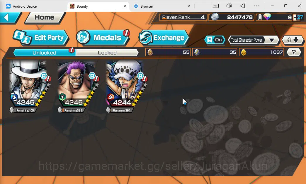 One Piece Bounty Rush Accounts Mid-Tier Global | 3 EX META + GF 1037 | Awaken Lucci, F Zephyr, WI Trafalgar Law | Rank 4 2