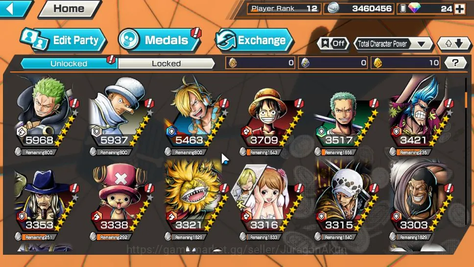 One Piece Bounty Rush Accounts Mid-Tier Global | 3 META EX | Yamato, Roronoa Zoro, Rob Lucci | Rank 12 | Log Bandai | Check 5