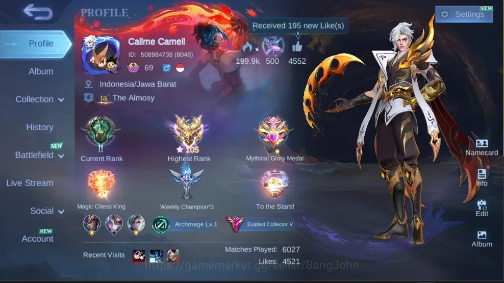 Mobile Legends: Bang Bang Accounts Others Global|297S|Exalted|LEGEND Freya,KOF Chou Karina,Soul Aamon,PRIME Claude,Luckybox 1