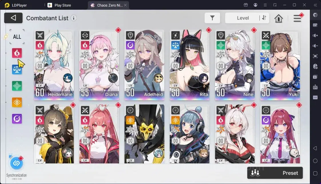 Chaos Zero Nightmare Accounts Global|Lv.53|8 SSR HeidemarieEM2+Sign,Diana,Adhelheid,Rita,Nine,Yuki,Veronica,Mei Lin|Crystal 8