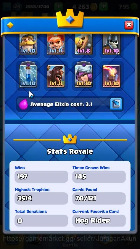 Clash Royale Accounts Midgame Lvl 24|Trophy 3514|KTL 9|Limited Skin|Card 70|2 Evo, 1 Legend, 19 Epic, 23 Rare, 26 2